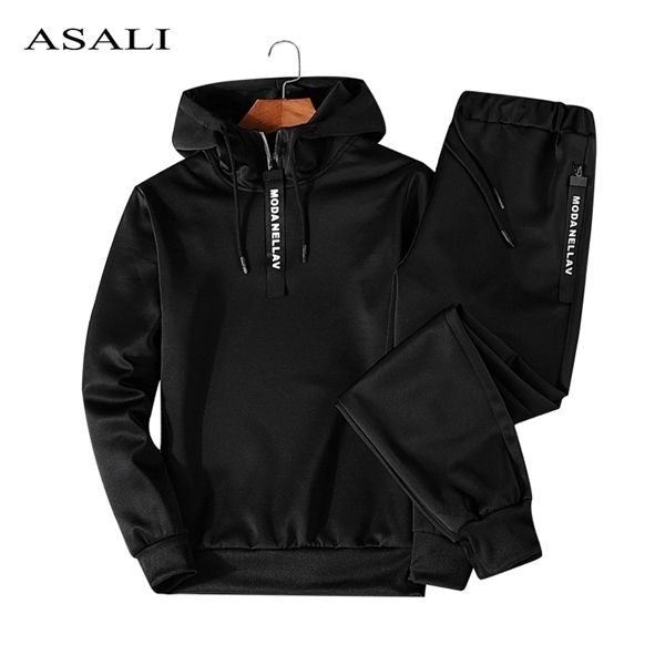 

asali hoodies set men autumn casual mens tracksuit hooded hoody + pants 2 piece men's sportwear pullovers sets male outwear 5xl c0927 c, Black