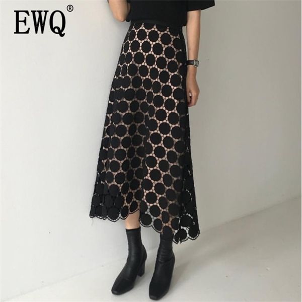 

ewq] 2020 spring summer new pattern high waist solid patchwork lace dot print mesh long loose high street skirt women ae40700l 1014, Black