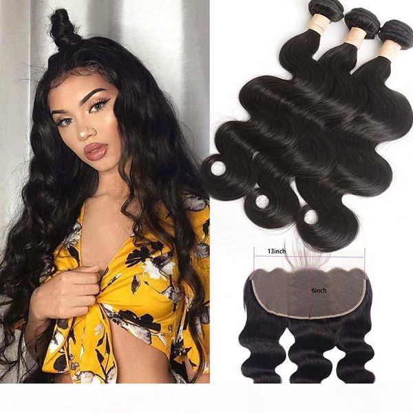 

peruvian 100% human hair wefts with 13x6 lace frontal part body wave bundles with 13 by 6 frontal natural color weaves, Black;brown