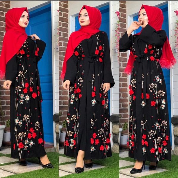 

dubai arab muslim open abaya dress women floral caftan lace-up hijab dresses long robe islam turkish kaftan islamic clothing, Black;gray