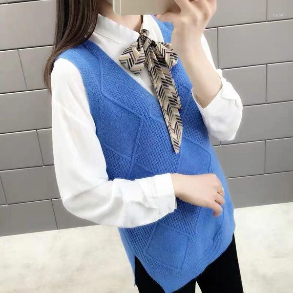 

2020 new spring autumn korean preppy style vest women elegant student v-neck pullover knitting solid outerwear vests a561, White;black