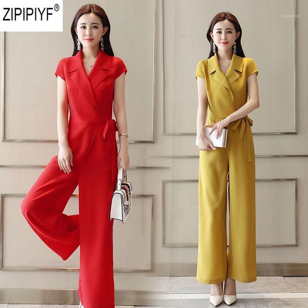 

2018 new summer fashion women pants suit set short sleeve turn down collar blouse + ankle-length wide leg pants suits set c13951, White