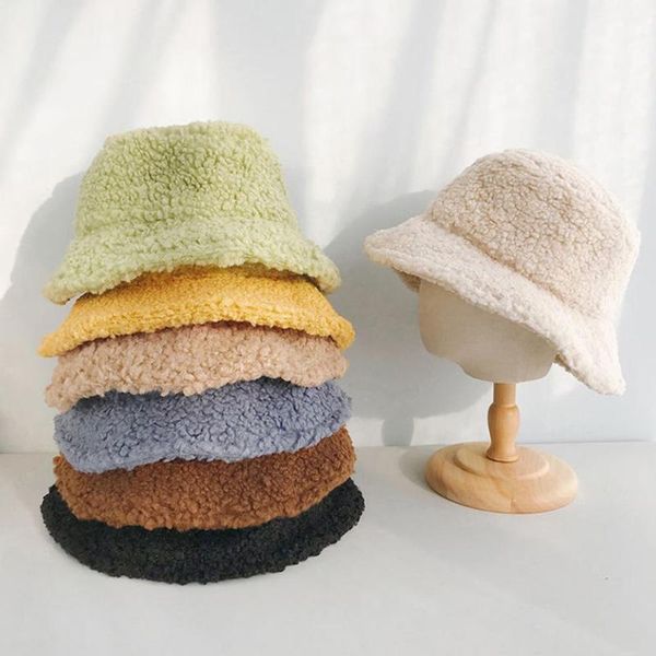 

wide brim hats winter women solid color faux lambswool soft warm lamb fur fishing cap sun bucket hat japanese basin accessory gift, Blue;gray