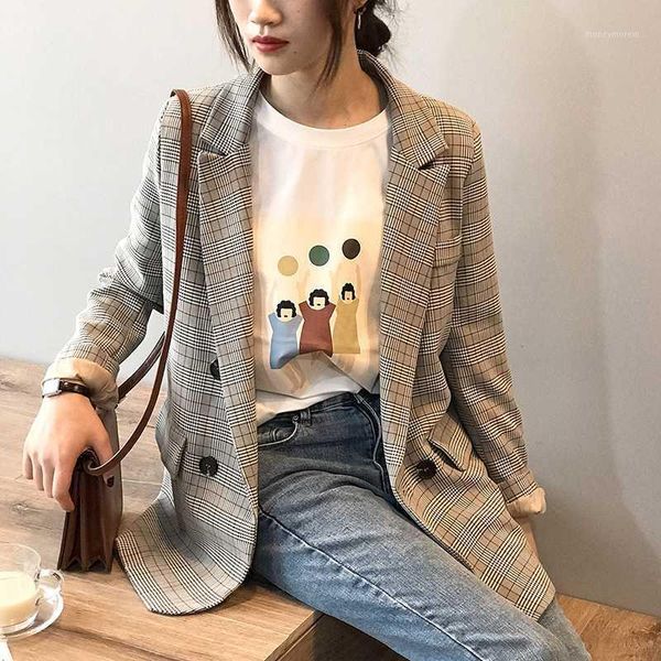 

women's suits & blazers fashion double breasted plaid blazer women long sleeve slim 2021 casual autumn spring jacket female1, White;black