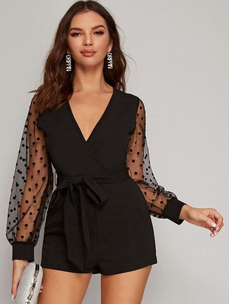 

dobby mesh lantern sleeve self belted wrap romper k88m#, White