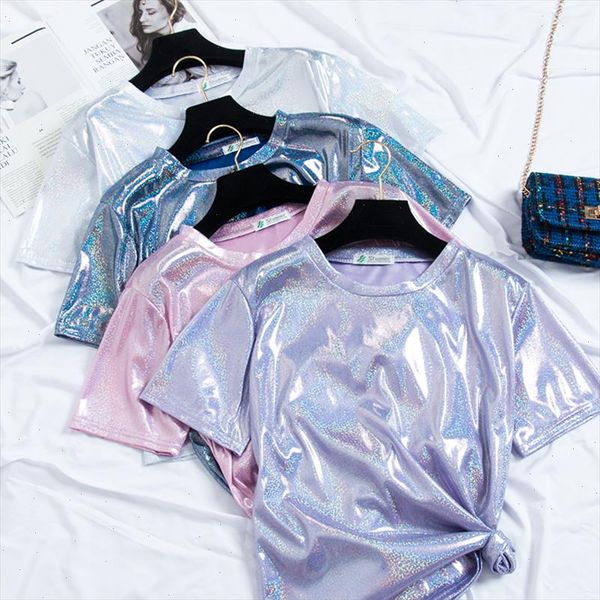 

harajuku retro stylish bright silk tshirt woman shiny loose short sleeve tees club dance show o neck laser slim crop, White