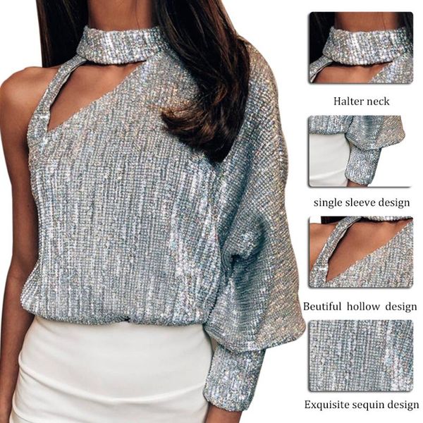 

fashion autumn women blouses off shoulder lantern long sleeve sequin skew collar hollow out bright shiny party shirts, White