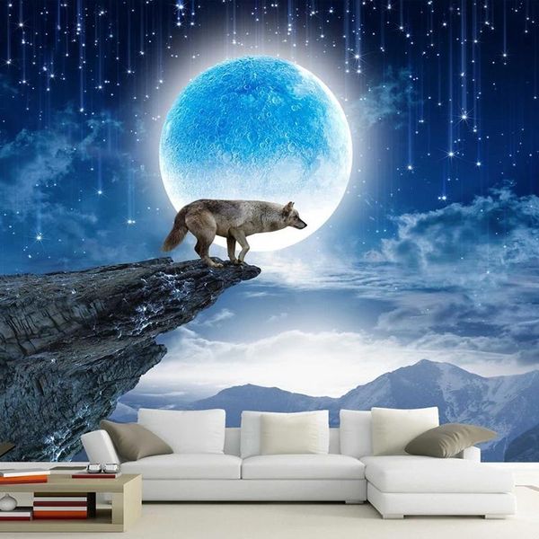 

custom mural wallpaper 3d moon animal wolf landscape wall sticker living room bedroom home decor self-adhesive waterproof poster