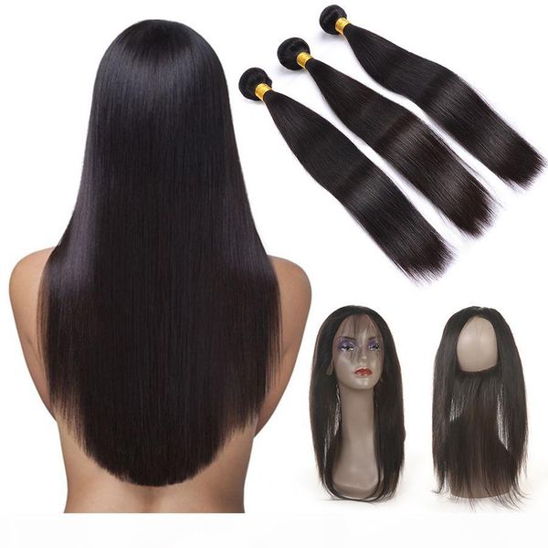 

pre plucked 360 frontal with bundles straight peruvian 360 lace frontal closure with baby hair human bundles grade 8a human hair, Black;brown