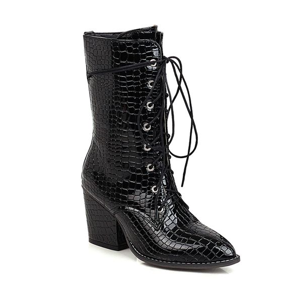 

2021 новый estilo rua sexy apontou toe pintura meados bezerro moda lao-up xadrez salto alto robusto botas de equitao sapatos zijo, Black
