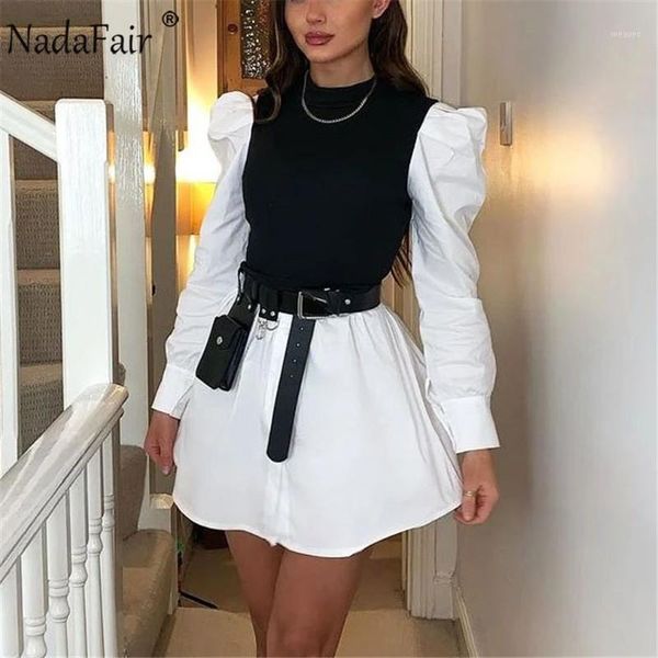 

nadafair puff sleeve mini dress women casual party rib shirt patchwork 2021 spring long sleeve wrap a-line woman dress1, Black;gray