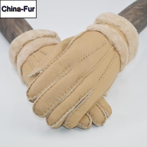 

five fingers gloves 2021 women designer real sheepskin leather wool fur lovely girls very warm winter mittens1, Blue;gray