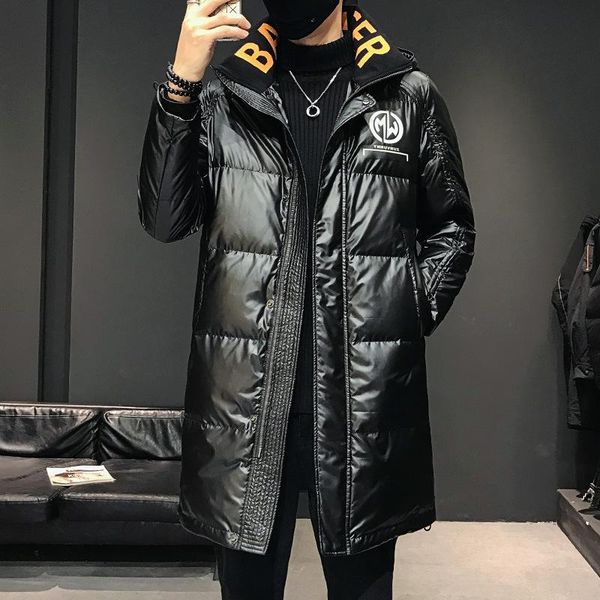

2020 new men's medium and long cotton padded jacket (korean version) thickened knee hooded bright face down jacket, Black