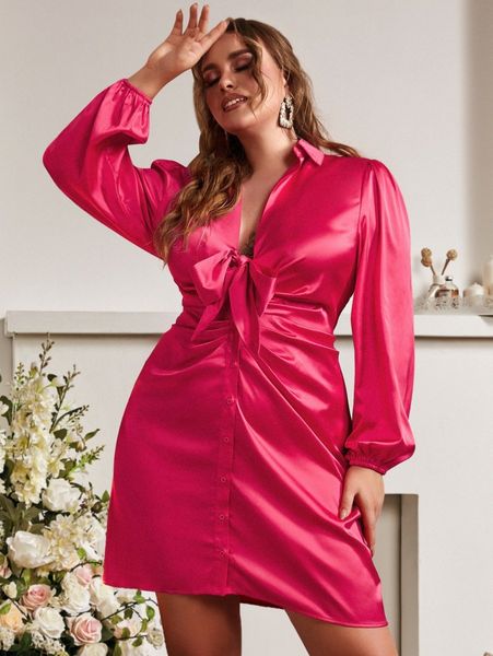 

sbetro plus knot front lantern sleeve satin dress j57n#, Black
