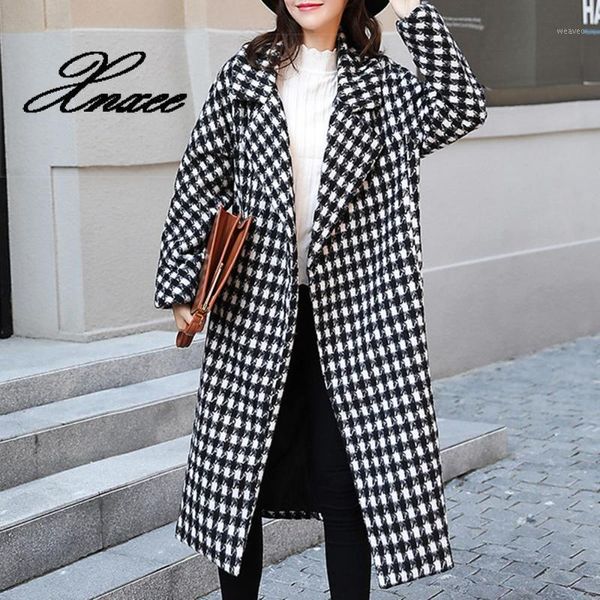 

2019 autumn women trench coats winter long overcoat houndstooth wool coat female long sleeve office korean fashion outerwear1, Black