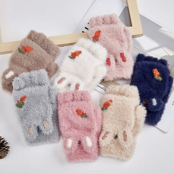 

winter women warm knitted 1 pairs flipped half finger fingerless mittens rabbit ears plush gloves soft thicken cute