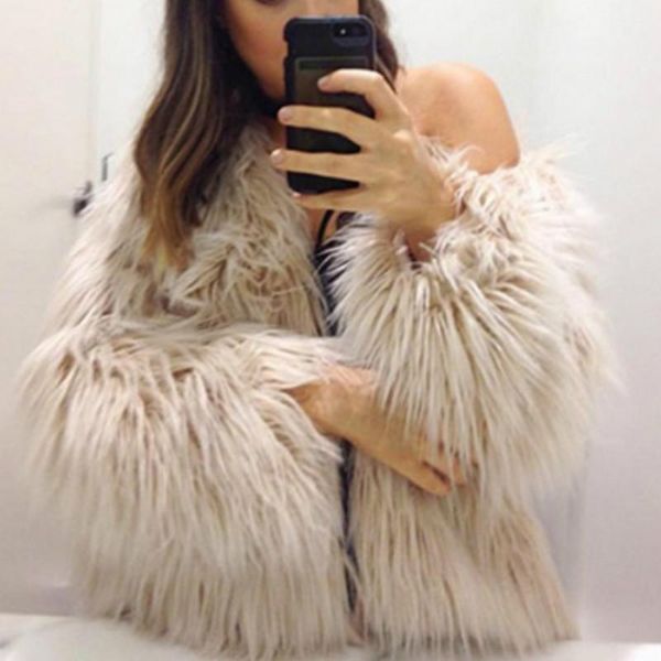 

warm faux fur coat winter women 2021 elegant short yellow hairy furry fake fur overcoat oversized loose fluffy outerwear o neck1, Black
