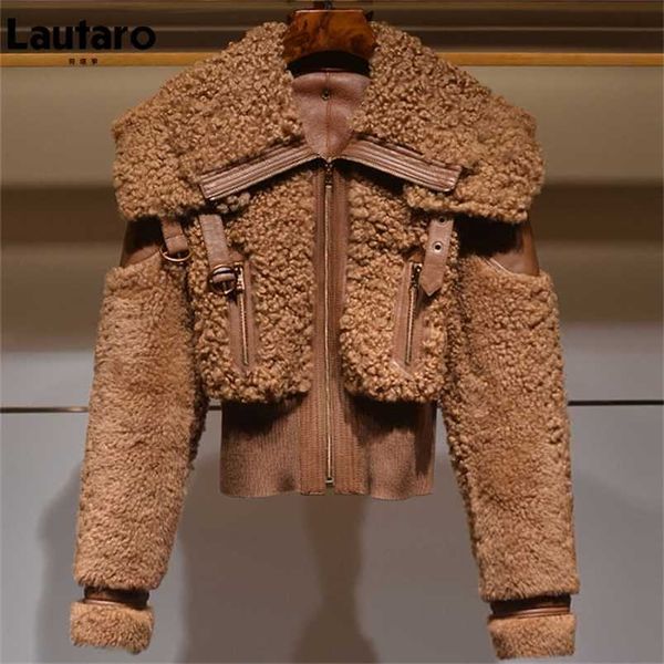 

lautaro winter warm thick patchwork faux fur coat women long sleeve zipper turndown collar stylish fluffy jacket fashion 220112, Black