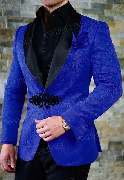 ANNIEBRITNEY New Royal Blue Abito da uomo Slim Fit Tuxedo Completo da sposo Set Wedding Prom Blazer con nodo cinese nero con fibbia Pant 2 pezzi1254U