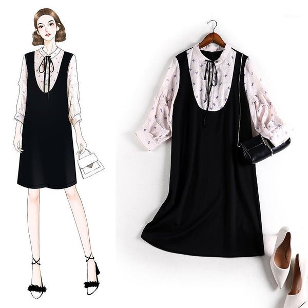 

2020 new large size 6l long women's clothing fat slimming and age-reducing fake two-piece style women dress plus 10752 vestido1, Black;gray