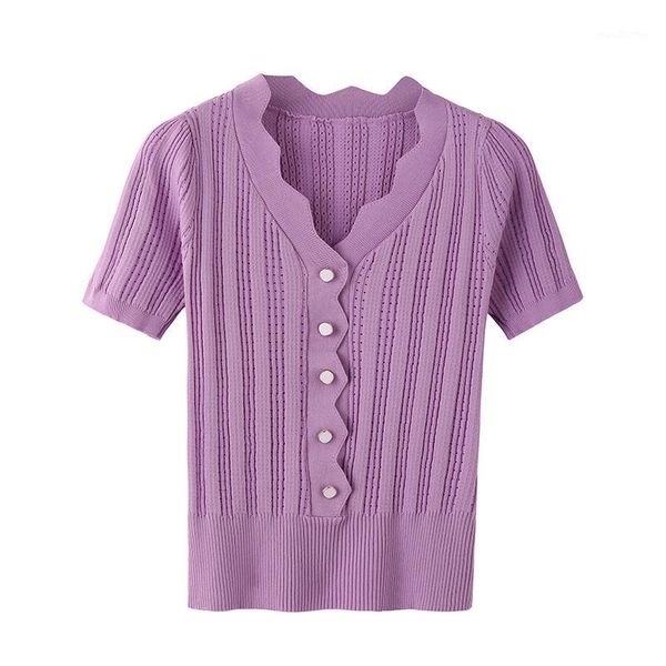 

women's t-shirt purple women summer v-purple v-neck lotus leaf slim thin short sleeve cutout ice silk knitwear vint1, White