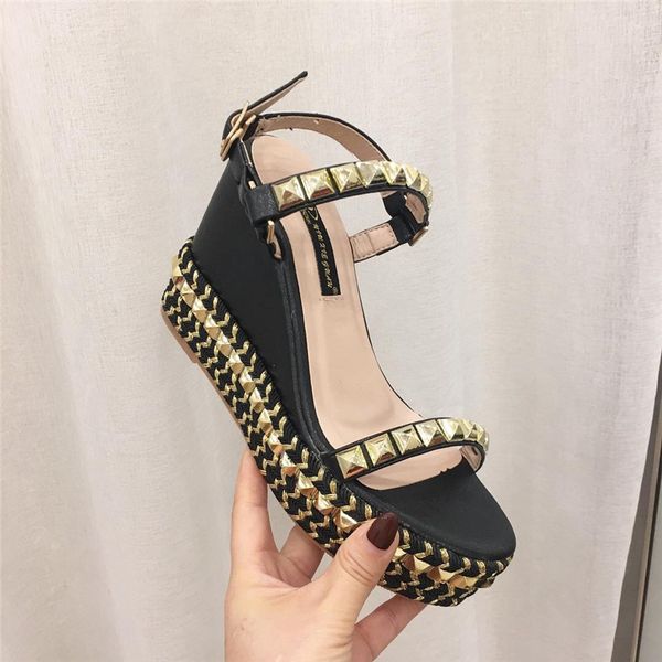 

summer leisure women nude black platform rivets sandals high heels wedges sandals open toe sandals beach shoes sandalias mujer