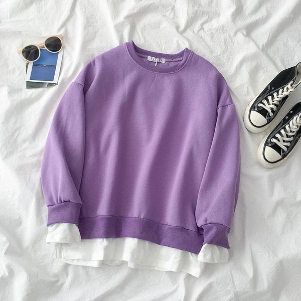 

patchwork thickening sweatshirt women casual oversize long sleeve purple loose pullover winter spring korean harajuku cotton, Black