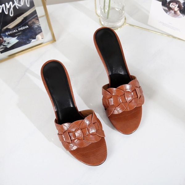 

2020 new high-heeled slippers candy color woven sandals open toe thick heel women's leather, Black