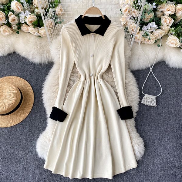 

2021 new female singiny knitted collar long solid line autumn sweet streetwear dress ektt, Black;gray