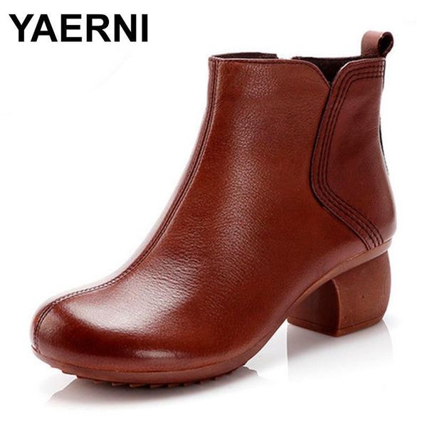 

boots yaerni autumn winter women genuine leather thick heels ankle for retro shoes warm zipper short1, Black