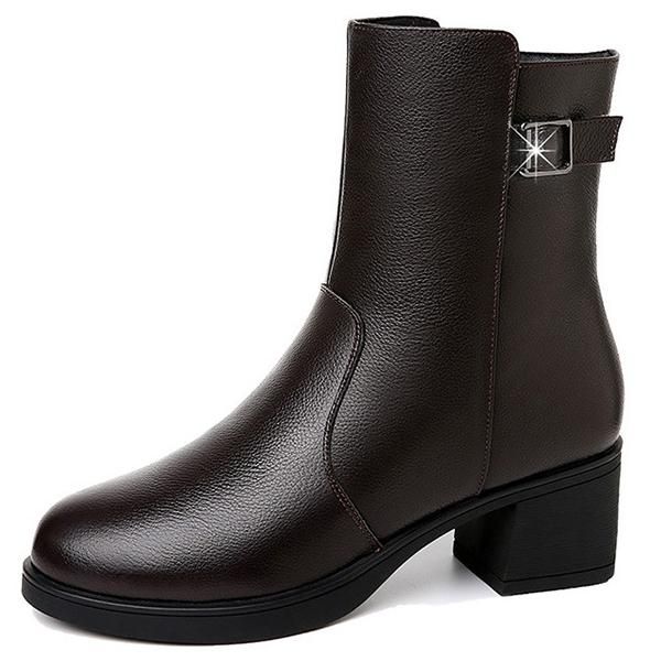 

boots women shoes genuine leather british style 2021 square heeled trend winter plus velvet mid calf m0047, Black