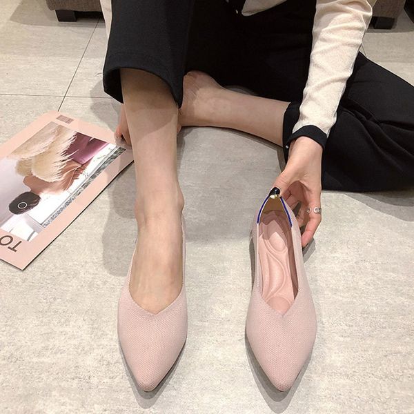 

2021 new women's pumps knitting breathable pointed toe comfort shoes slip on shallow ladies loafers office low heels dn4s, Black