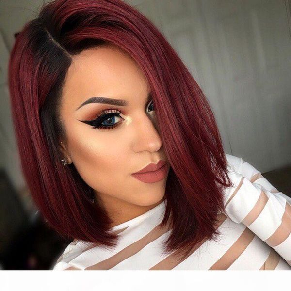 

short bob full lace human hair wigs remy hair ombre 1b 99j burgundy human hair wig pre plucked natural hairline, Black;brown