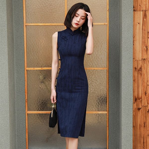 

2020 spring temperament fashion standing collar cotton and linen cheongsam cheongsamsolid color cotton hemp thin sleeveless low slit modifie, Black;gray