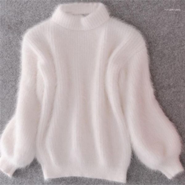 

2019 new fashion women winter sweater thickened warm turtleneck mohair female sweater casual solid lantern sleeve11, White;black
