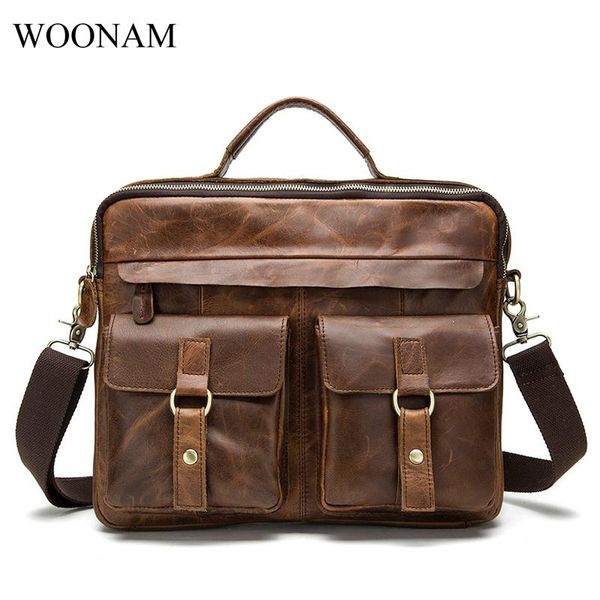 

men retro grain genuine calf leather brass hardware business briefcase lapholder handle shouler bag mb032