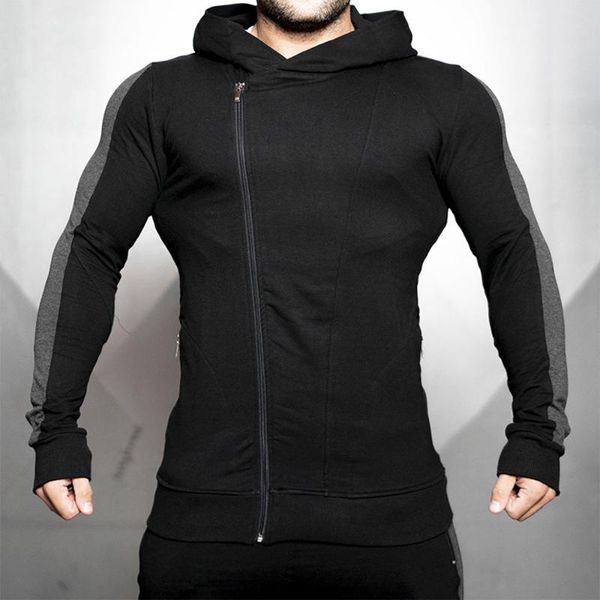 

2021 men hoodie autumn winter pure color diagonal zipper casual sportswear men's running training fitness jacket wy035, Black