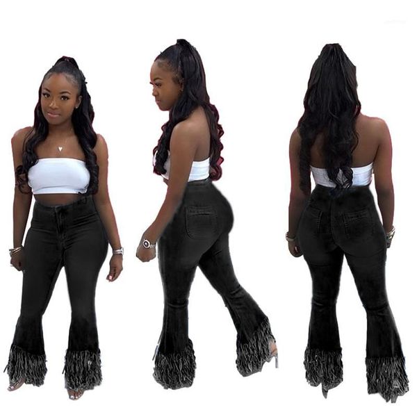 

women jeans high waist jeans solid strech tassel skinny flare pants denim trousers wholesale dropshpping1, Blue