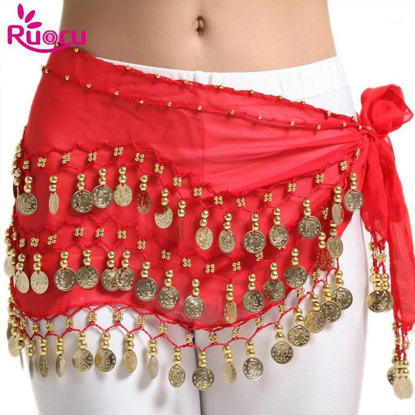 

ruoru lady women belly dance hip scarf 3 row belt skirt with gold bellydance coins waist chain wrap dance wear coin belt1, Black;red