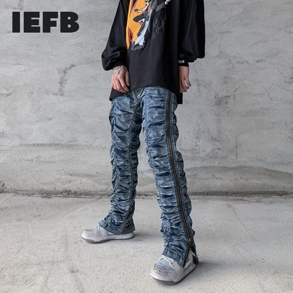 

men's jeans iefb high street side zipper distressed crushed fold denim men hip hop elastic waist straight pants fashion joggers 9y4222, Blue