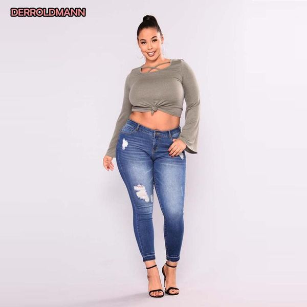 

women elastic jeans broken pants ripped denim torn pants slim rivets denim boyfriend jeans for women pocket zipper1, Blue