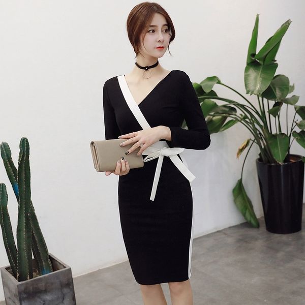 

spring 2020 new women's fashion ol commuter v-neck slim fitcontrast color 2931 spring 2020 new women's fashion ol commuter v-neck, Black;gray