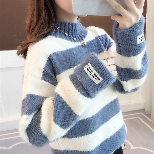 

sweater women turtleneck pullover jumper stripe thick sweater imitated mink wool sweater sweter women clothes vestidos lxj9005, White;black