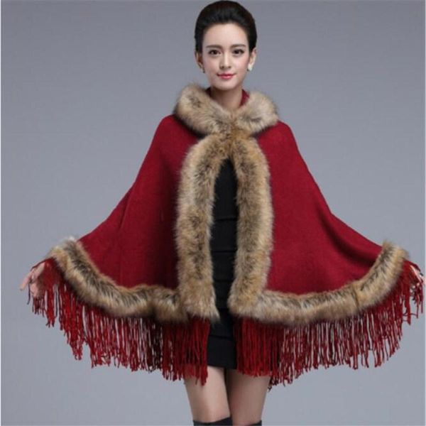 

women's fur & faux 2021 tassels hooded soft cashmere wild raccoon shawl pashmina coat poncho women winter party cloak, Black