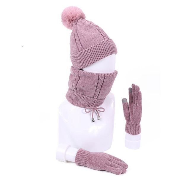 

winter warm knitted thick skullies beanies with lining scarf gloves sets pom pom beanie hat ring scarf and touch screen gloves, Blue;gray