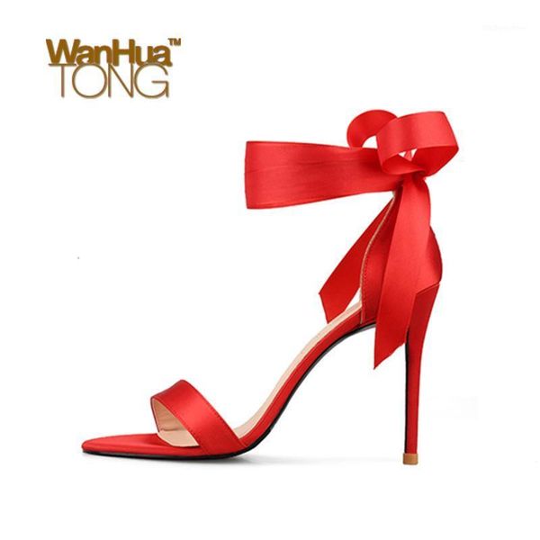 

sandals wanhuatong woman fashion sweet wedding ribbon tie bowknot open toe stiletto heeled size451, Black