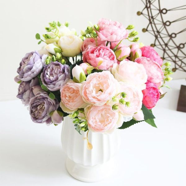 

30cm rose pink silk bouquet peony artificial flowers 5 big heads 4 small bud bride wedding home decoration fake flowers faux1