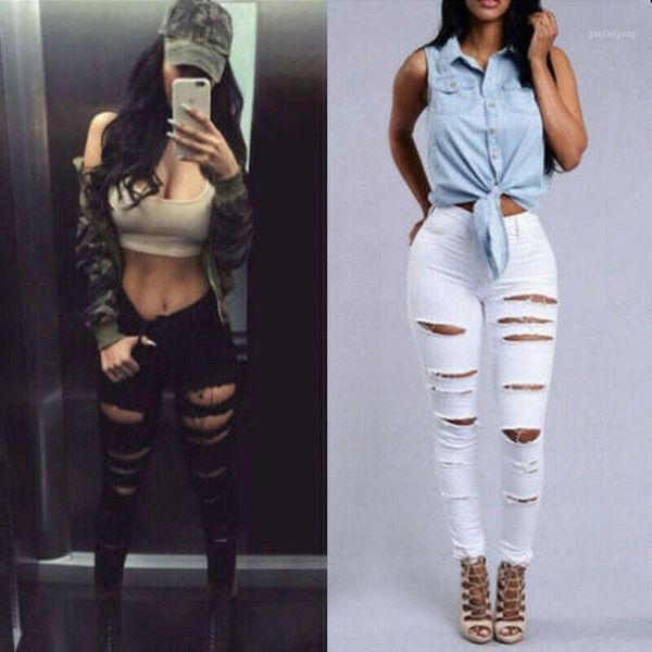 

women high waist ripped jeans elastic destroyed hole pencil pants stretchy ripped denim skinny holes pants1, Black;white