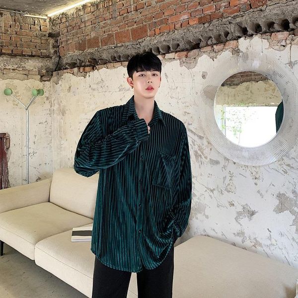 

men's casual shirts men long sleeve loose velvet shirt cardigan male streetwear hip hop striped coat lovers clothing, White;black