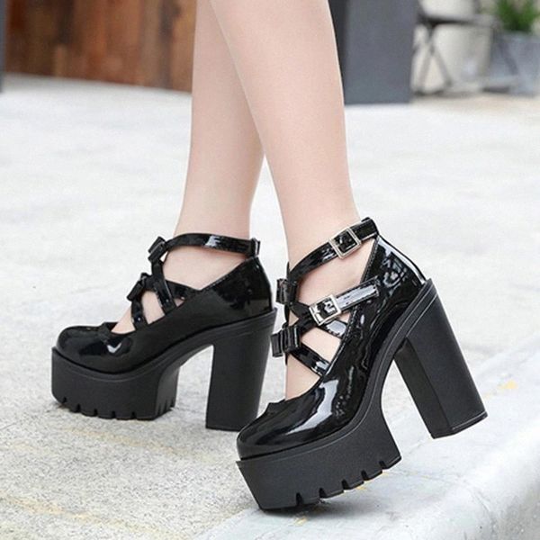 

lucyever fashion double buckle super high heels shoes women party platform pumps woman patent leather ladies chunky shoes #hr5r, Black